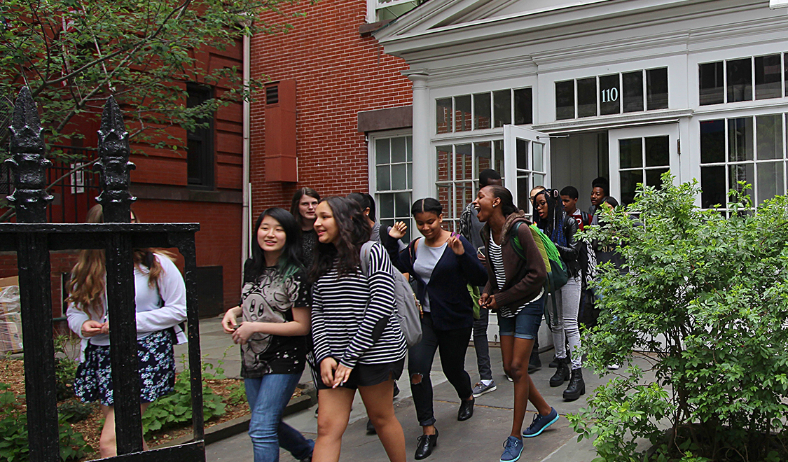BFS students exiting the meetinghouse after a Quaker meeting